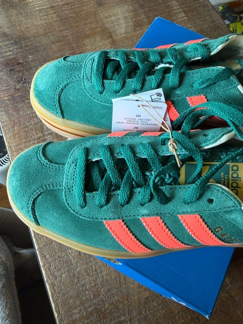 adidas Gazelle Bold Platform Sneakers - Green with coral Stripes and Gum Sole - Picture 4 of 5